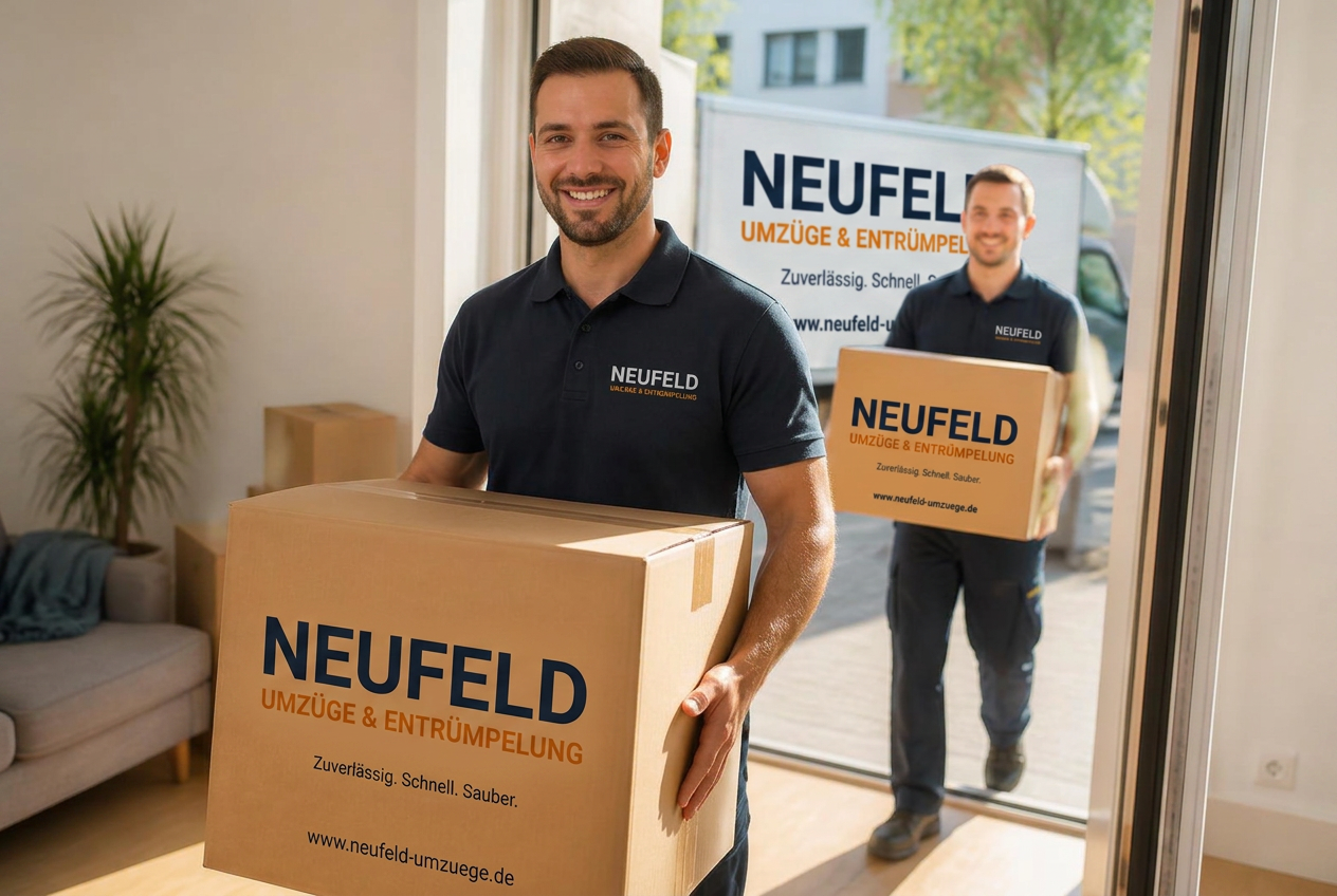 Freundliche Umzugshelfer tragen Umzugskartons in eine helle Wohnung in Bielefeld